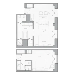 Example layout of a 2 bedroom studio suite with adjoining bedroom