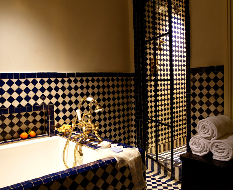 View of the tub, shower and patterned tile in the Deluxe King room