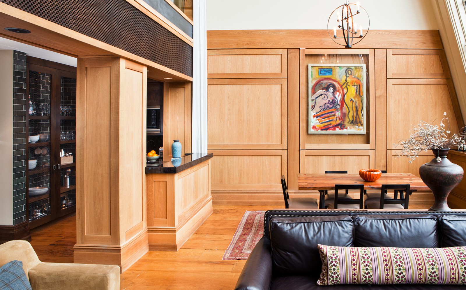 Detail of the living area and kitchen in the North Moore Penthouse at the Greenwich Hotel