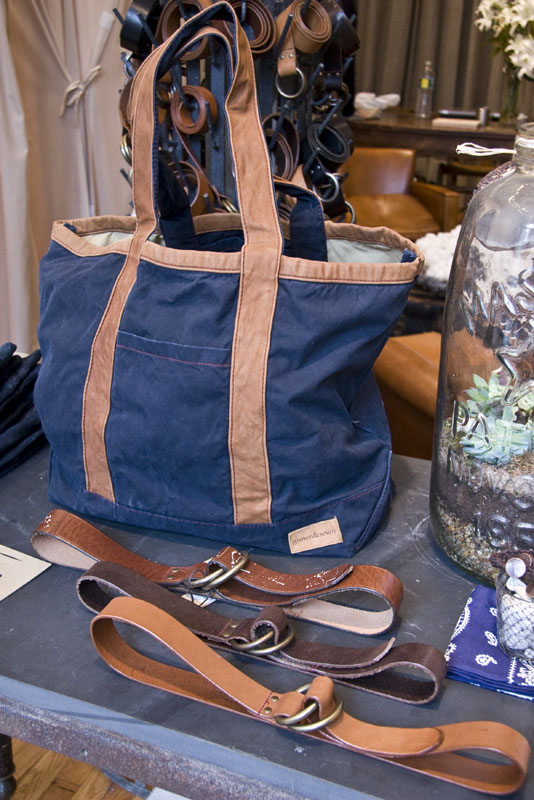 Accessory display at Grown and Sewn featuring bags and belts