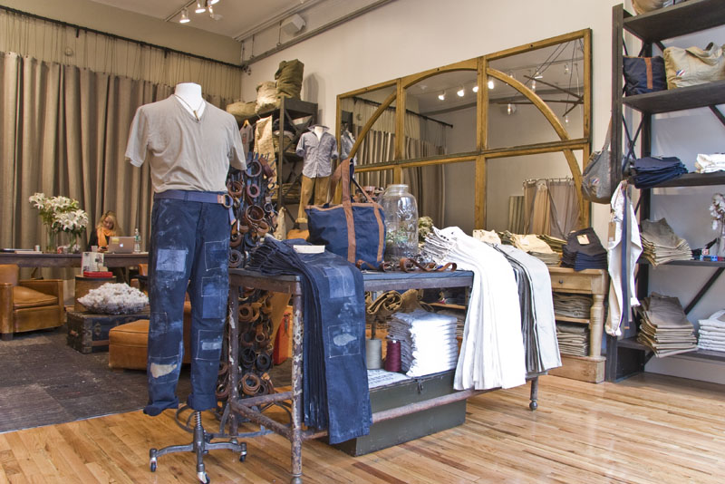A view wide view of the Grown and Sewn interior and denim display