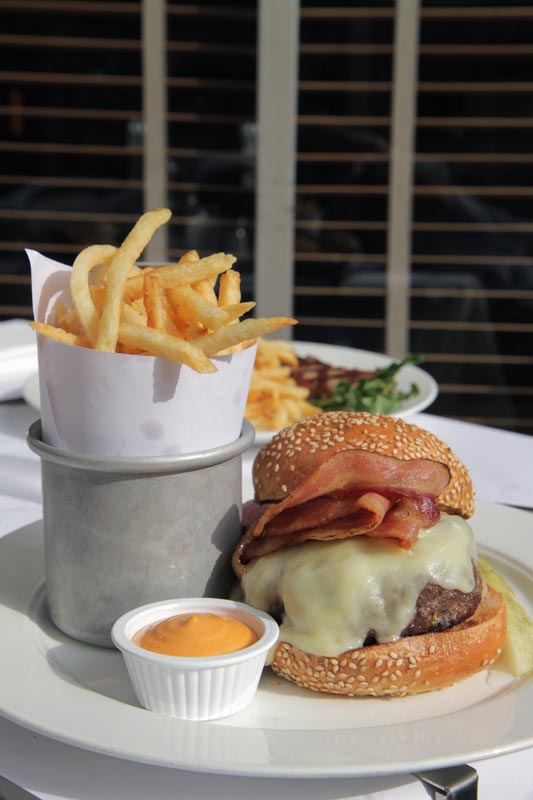 A closeup of a Burger and Fries at The Odeon