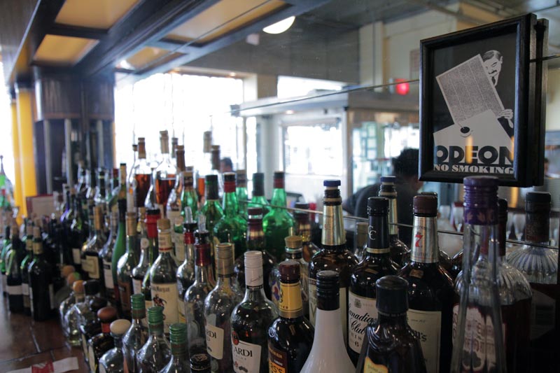 Close up of liquor lineup behind the bar at The Odeon