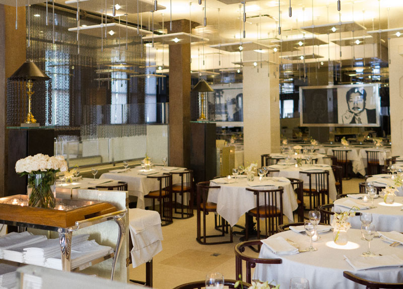 A wide angle of the dining room at Mr Chow before service