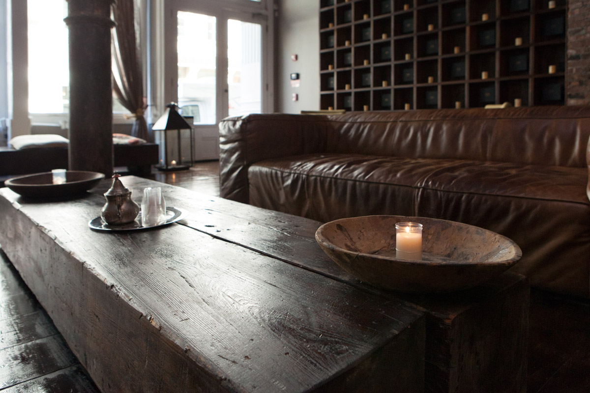 Leather sofa inside the lounge area at Aire Ancient Baths