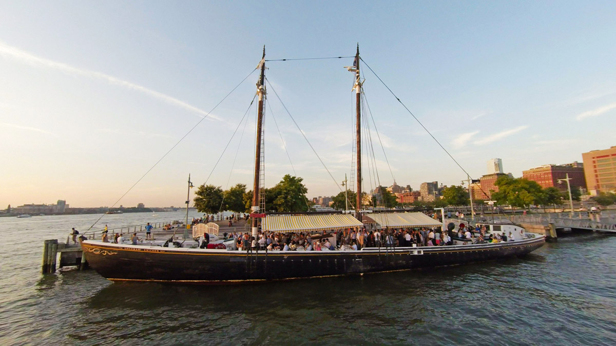 A wide view of the Grand Banks historic wooden fishing boat.