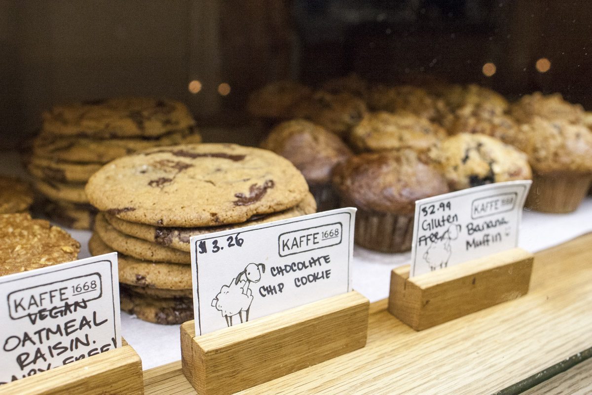 Chocolate Chip cookies and muffins in the Kaffe pastry case