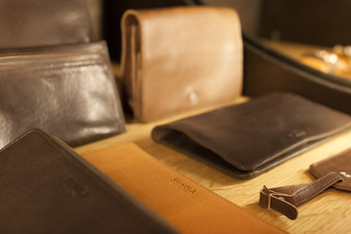 Close up view of leather wallets made by Shinola
