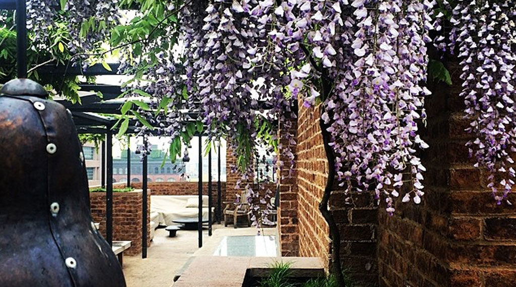 A serene outdoor seating area with wisteria-covered pergola, brick walls, and a sculpture.