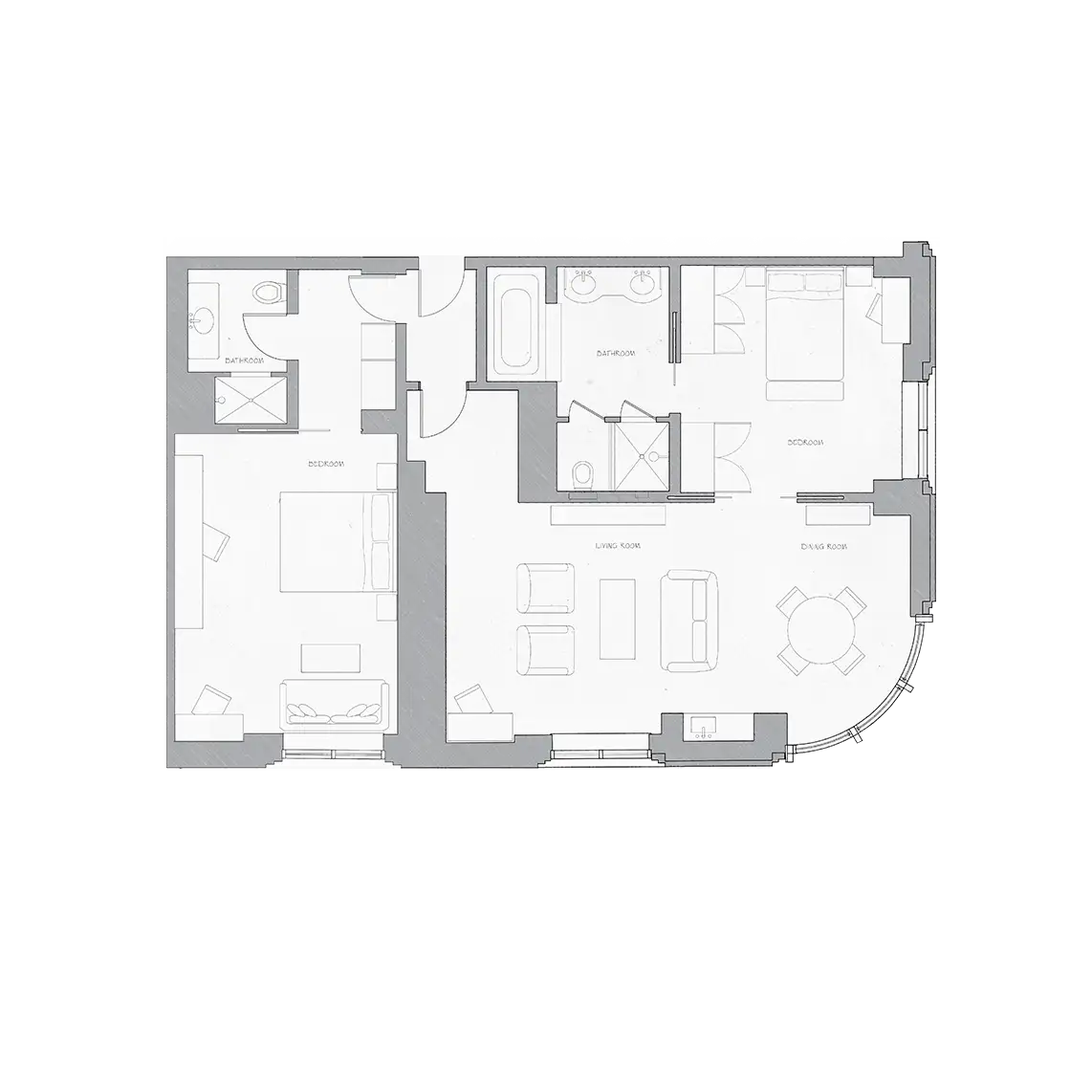 2 Bedroom Corner Suite Floor Plan Rendering