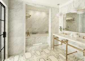 The Corner Suite bathroom with double sink vanity, marble alcove soaking tub and walk-in shower.