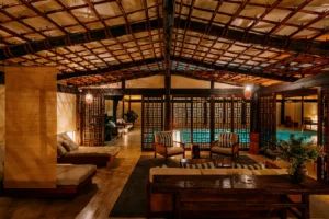 Spa seating area outside of the pool at The Shibui Spa at The Greenwich Hotel