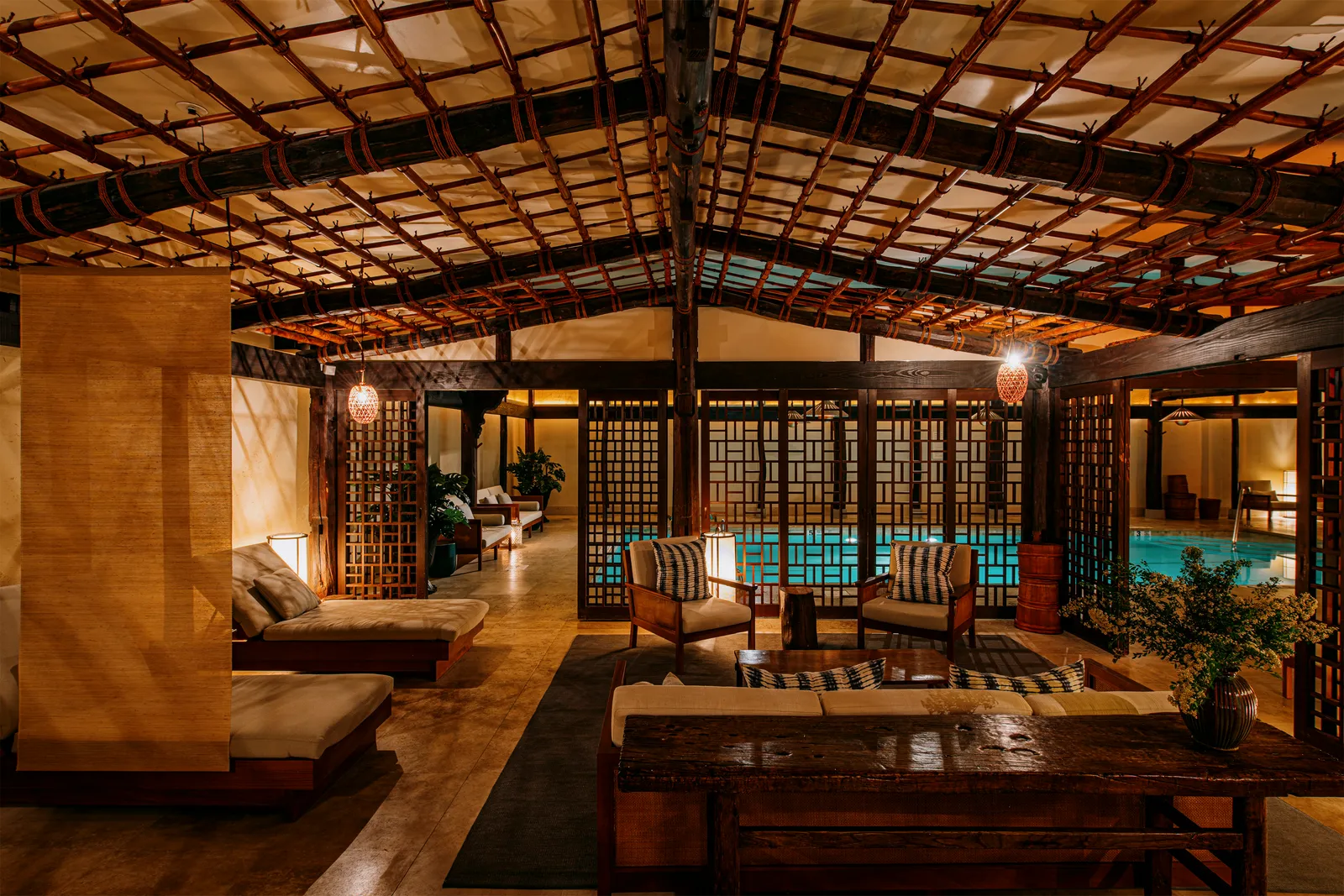 Spa seating area outside of the pool at The Shibui Spa at The Greenwich Hotel