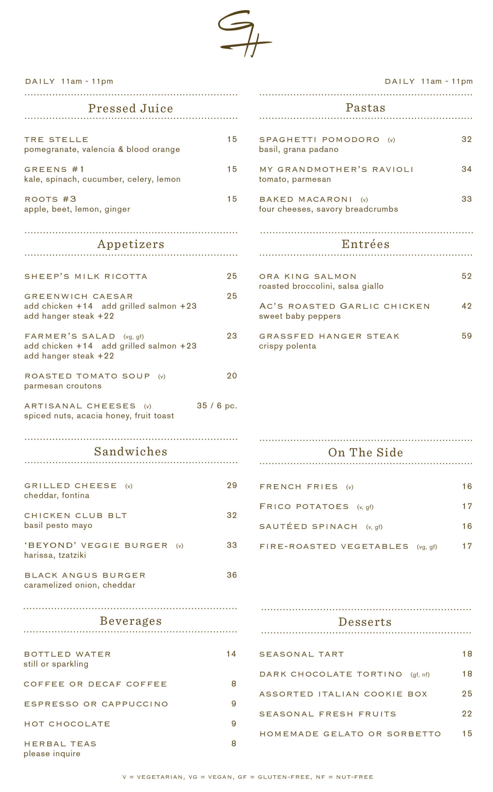 The Greenwich Hotel All Day Menu