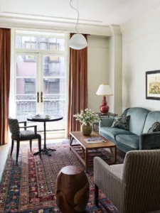 Looking over the sitting area at the courtyard balcony doors