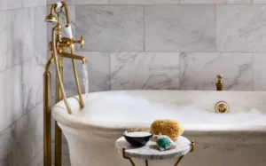Marble surrounded soaking tub