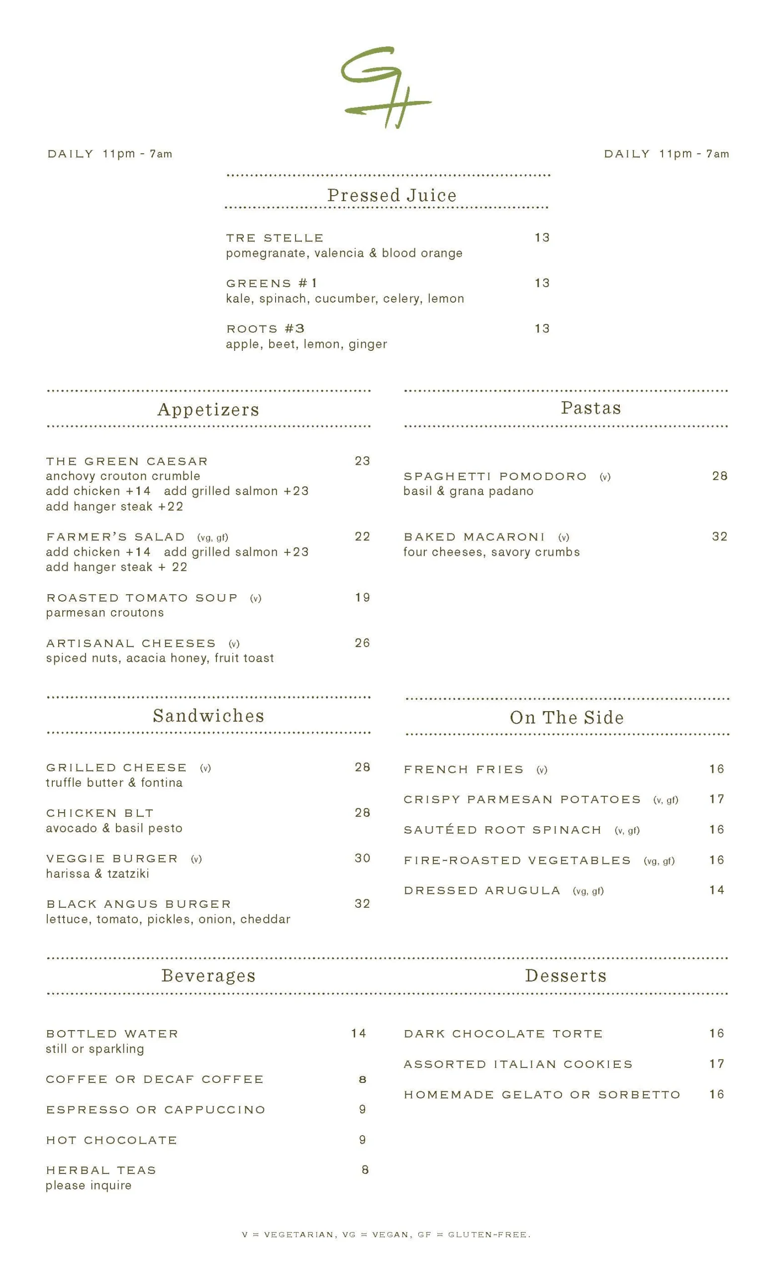 Greenwich Hotel Overnight Menu
