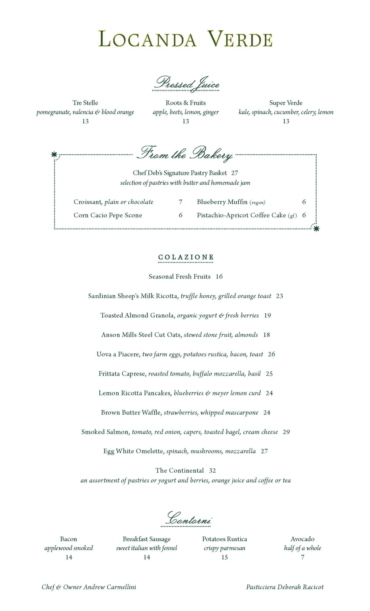 Locanda Verde Breakfast Menu - Guest Dining