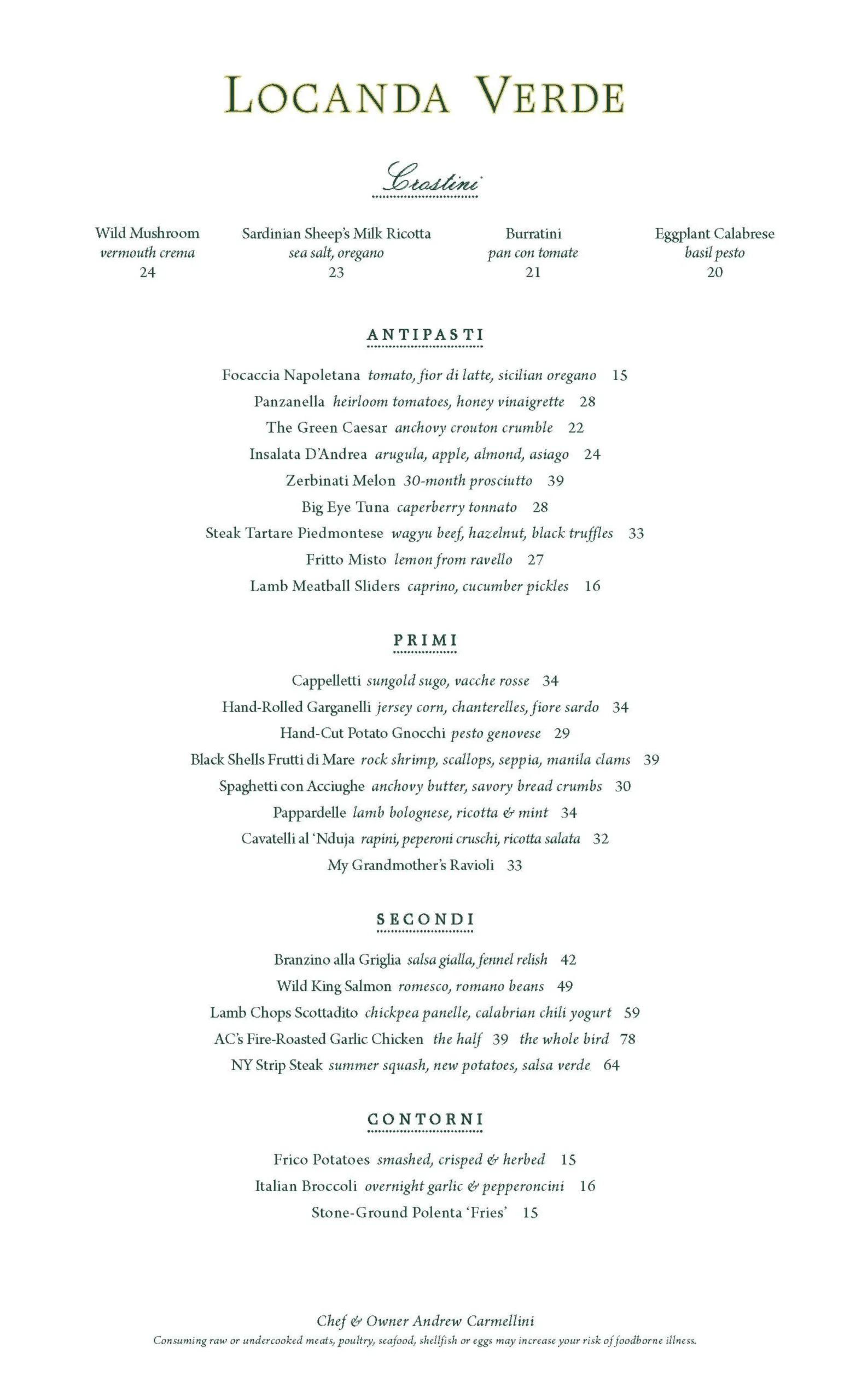 Locanda Verde Dinner Menu Image