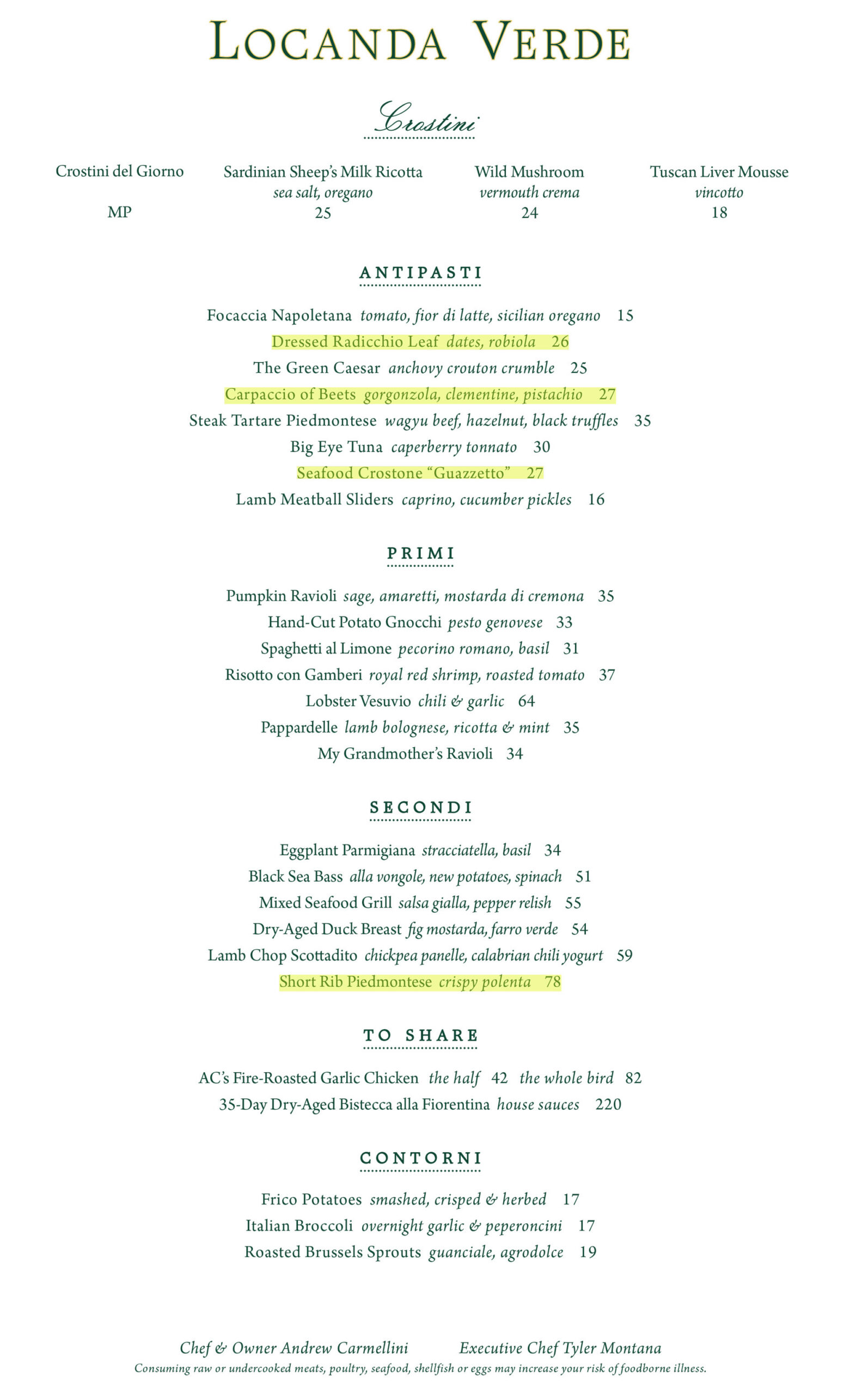 Locanda Verde Dinner Menu