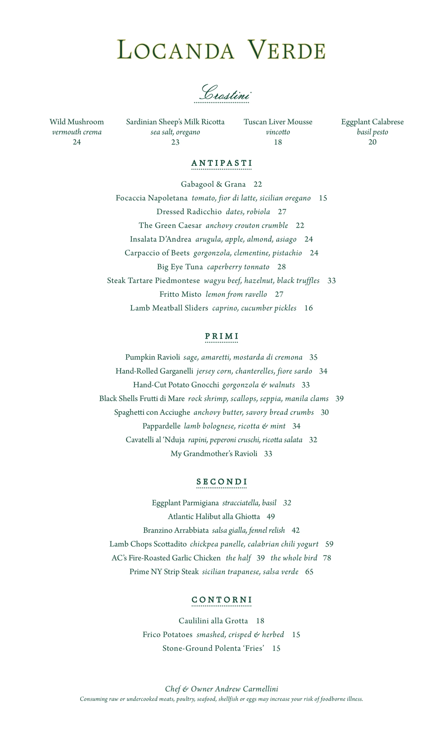 Locanda Verde Dinner Menu Image