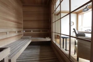The wood lined private sauna inside the North Moore Duplex