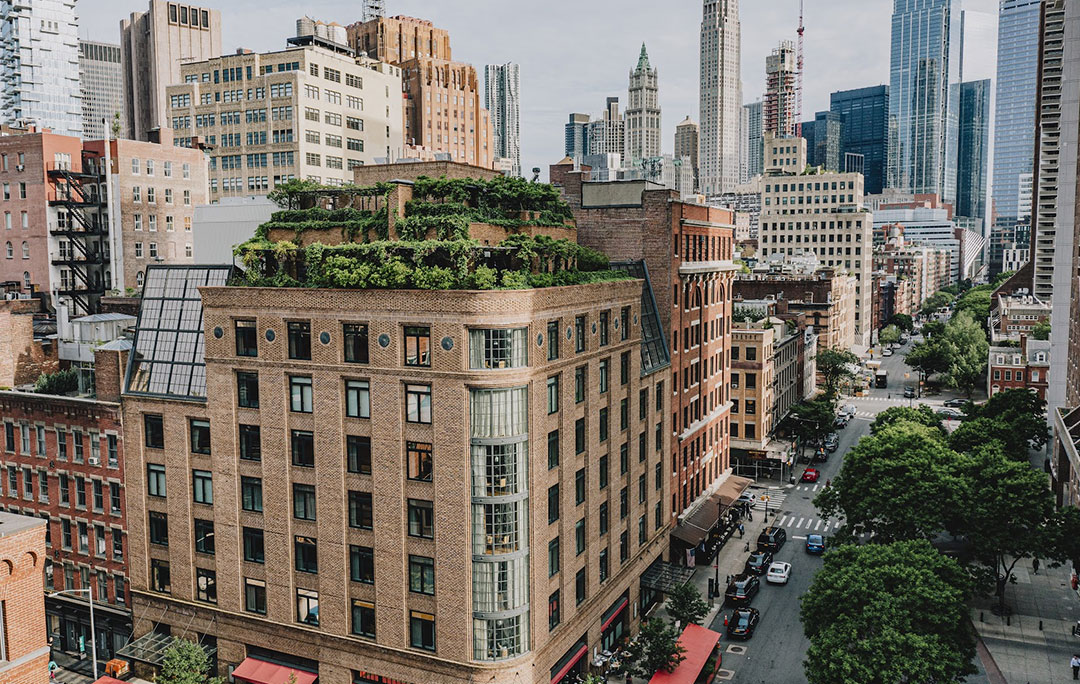 Exterior view looking at the private penthouse atop The Greenwich Hotel, one of the most beautiful New York City hotels