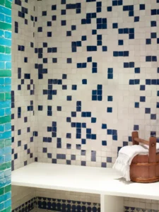 the custom blue and white bathroom tile