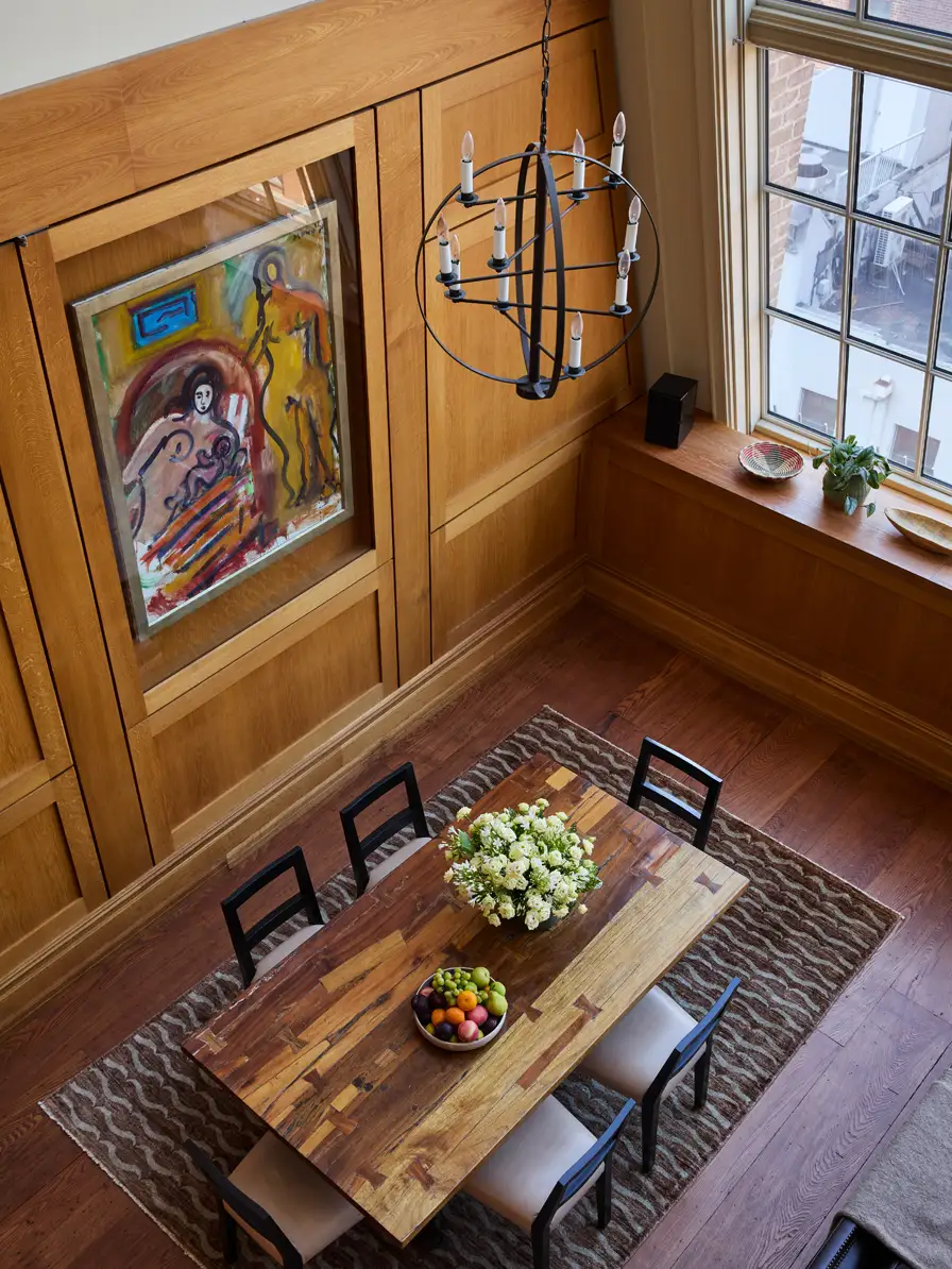 Looking down at the dining area inside the North Moore Duplex