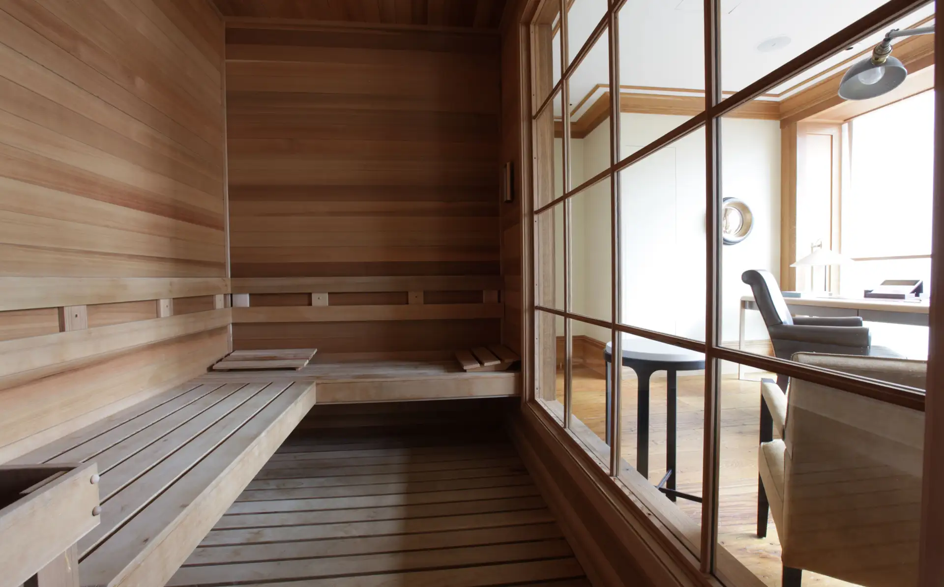 The wood lined private sauna inside the North Moore Duplex
