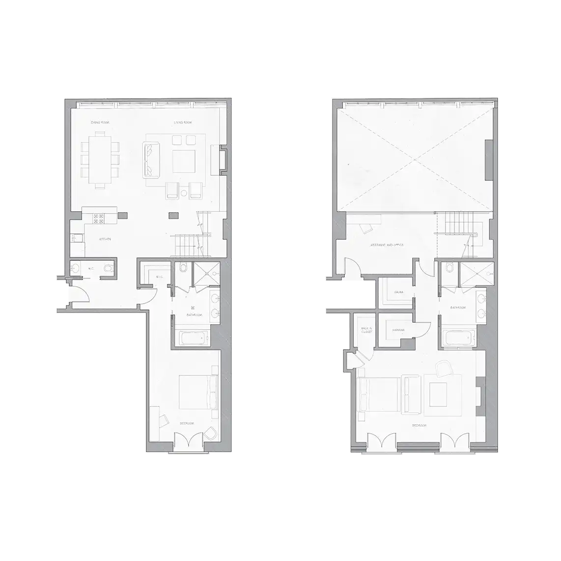 The North Moore Duplex floorplan showing both floors at the Greenwich Hotel