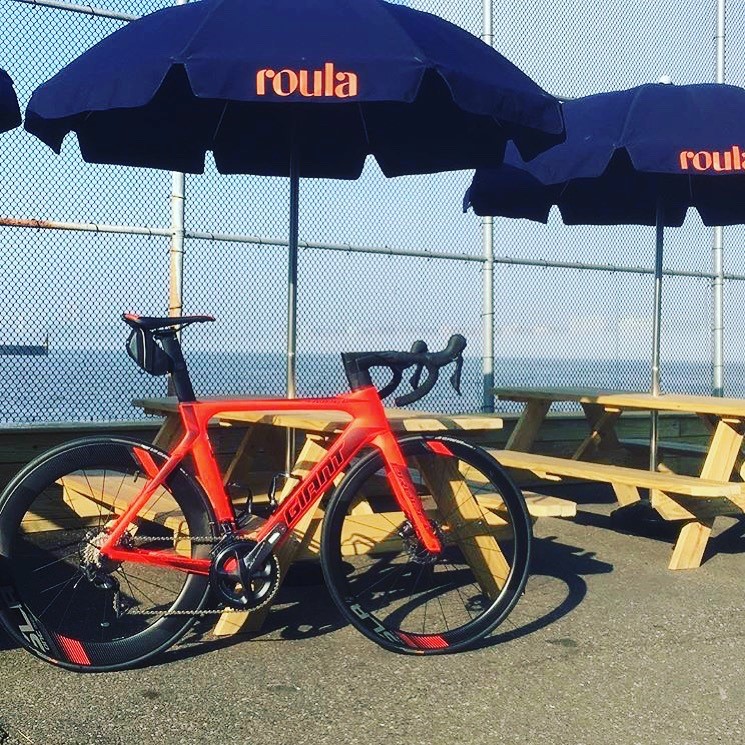 Roula bike leaning against a picnic table