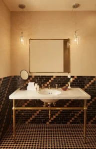 Straight on view of the marble vanity, mirror and custom tile work inside the superior room bathroom