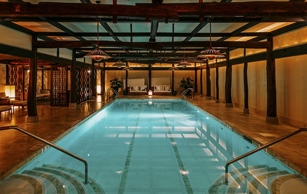 Overlooking the pool at the Shibui Spa at The Greenwich Hotel, one of the few luxury hotels in Manhattan with an indoor pool