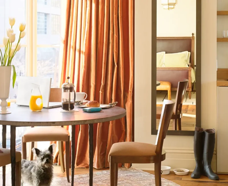 Two Bedroom Corner Suite Dining Table and chairs. A small dog peaking out from under the table. Laptop and breakfast is on top of the table, highlighted by natural light from the large window.